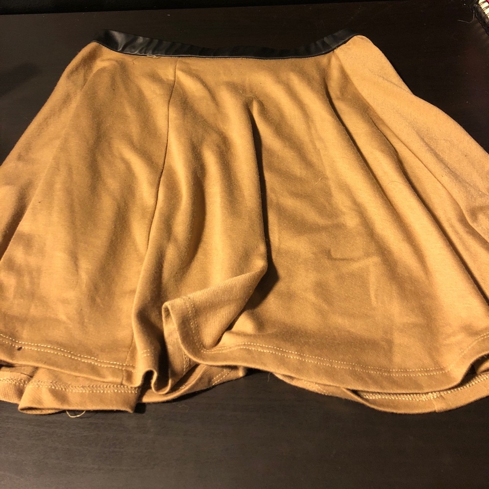 Camel beige circle skirt black leather trim
